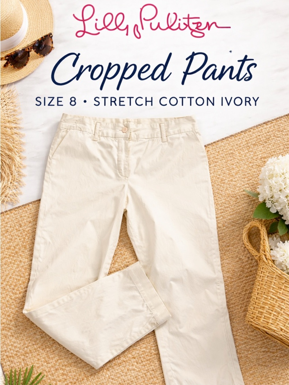 Lilly Pulitzer Cropped Pants Size 8 Stretch Cotton Ivory Ankle